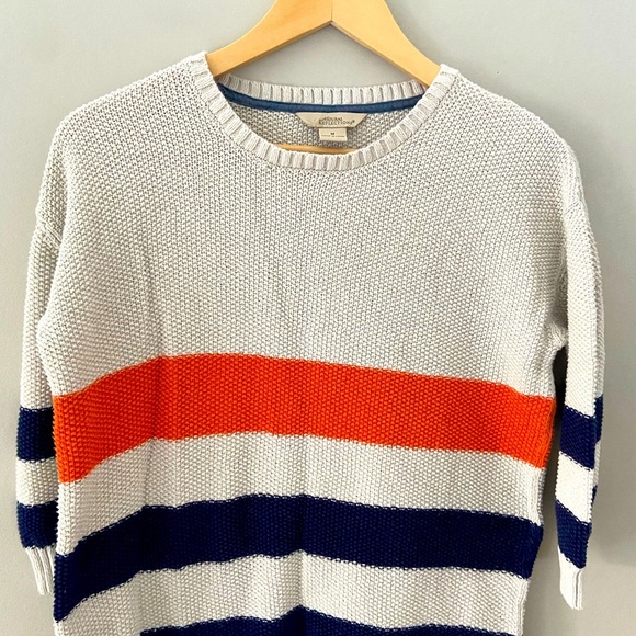 Natural Selections Cotton Crop Sleeve Oatmeal Knit w Orange Navy Striped Sweater - Picture 2 of 3